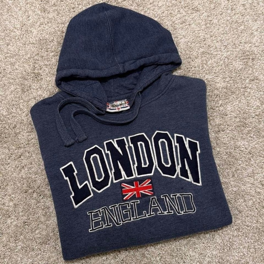 Y2K Vintage Zone One London England Embroidered Hoodie | Washed Navy | Medium